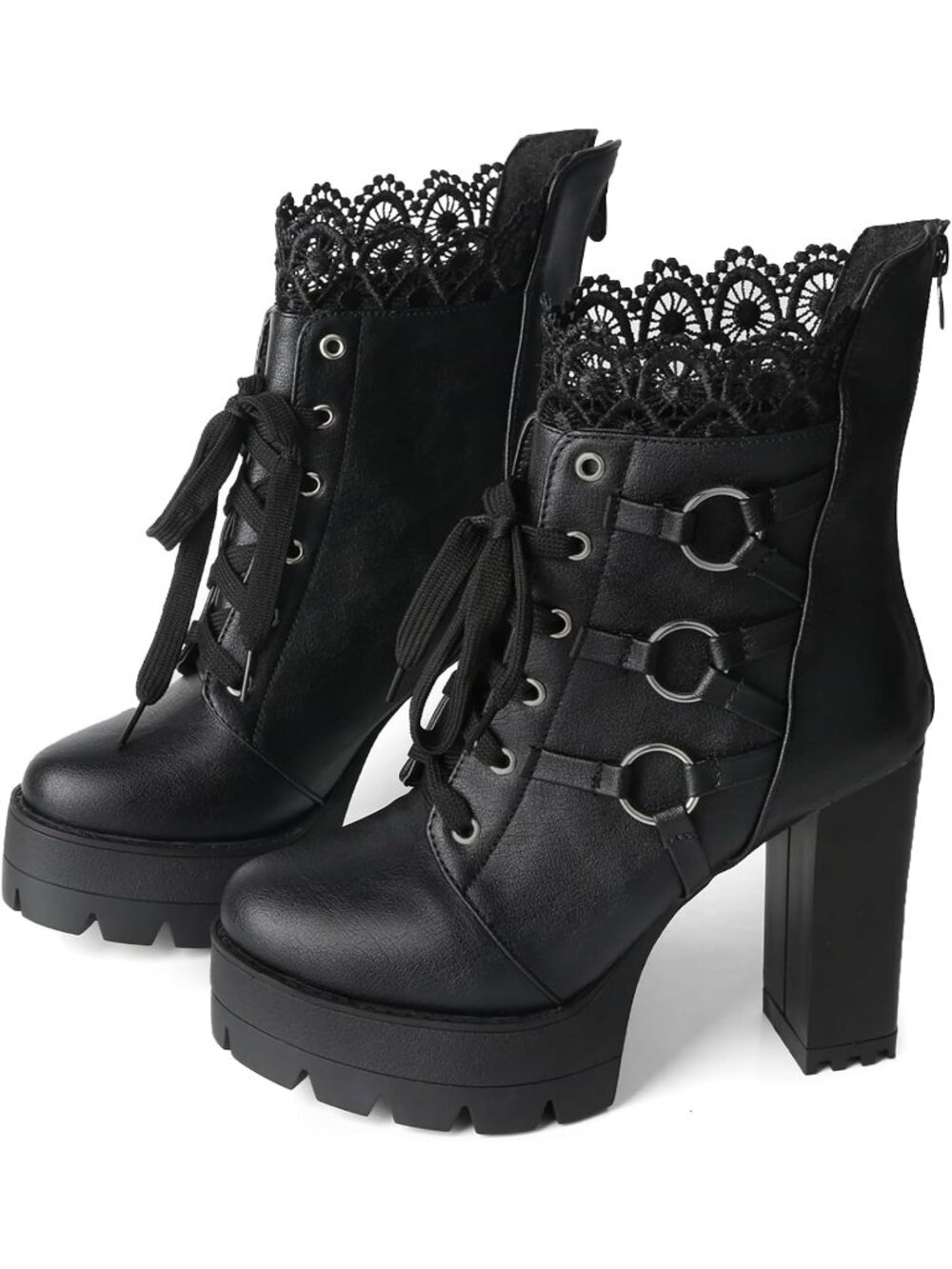 Women's Punk Black Goth Boots Chunky Heel Boots Combat Rivets Punk Goth Boots